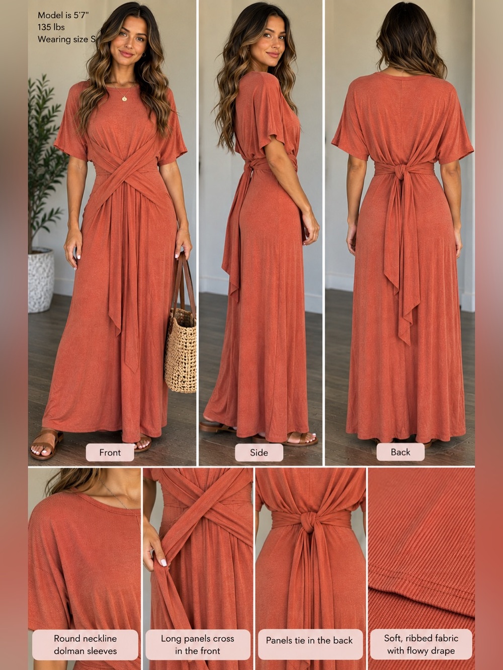 Hummingbird Rust Ribbed Cross Front Tie Back Maxi Dress Size S